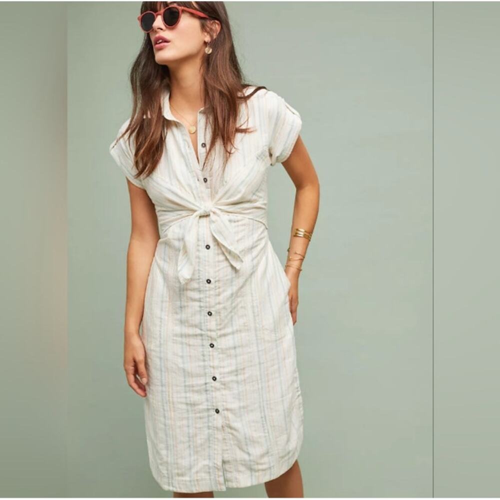 EUC Anthropologie Maeve Striped Button Down Tie Front Dress Beach Cotton 4